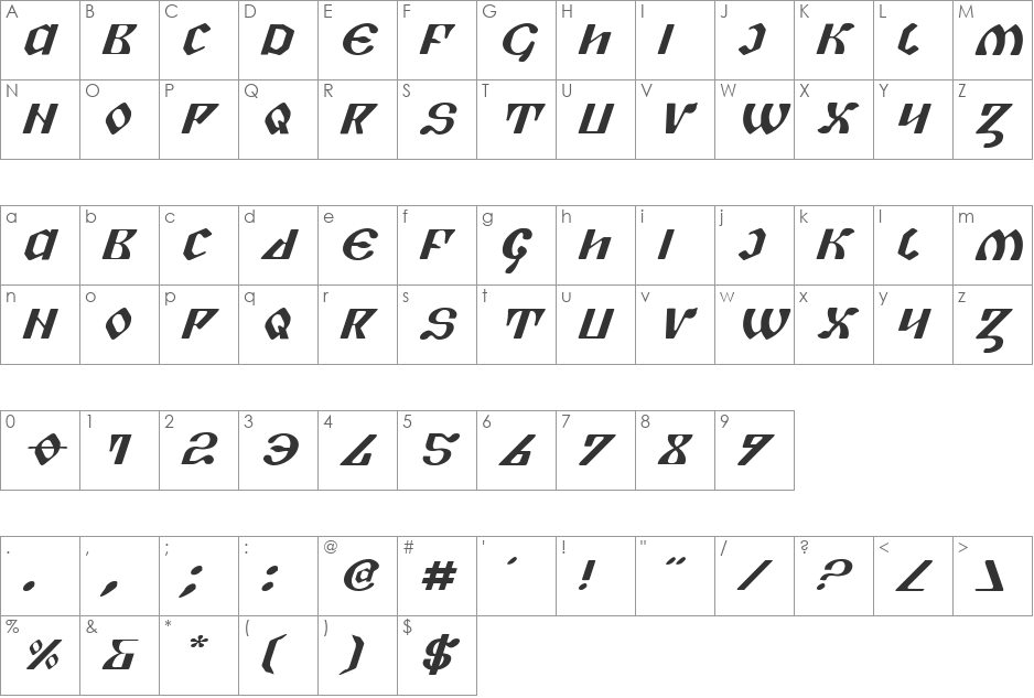 Piper Pie ExpItal font character map preview