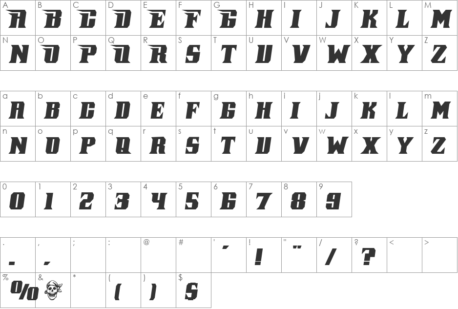 Pirate Incognito Italic font character map preview