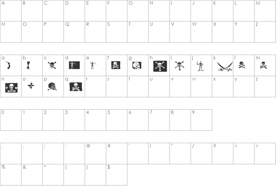 pirates pw font character map preview