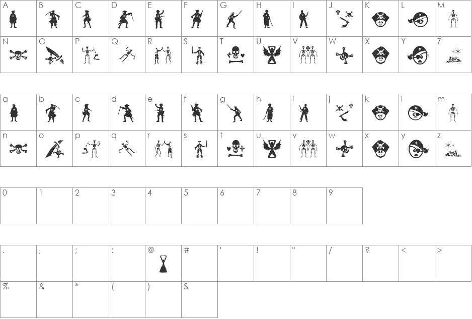PiratesThree font character map preview