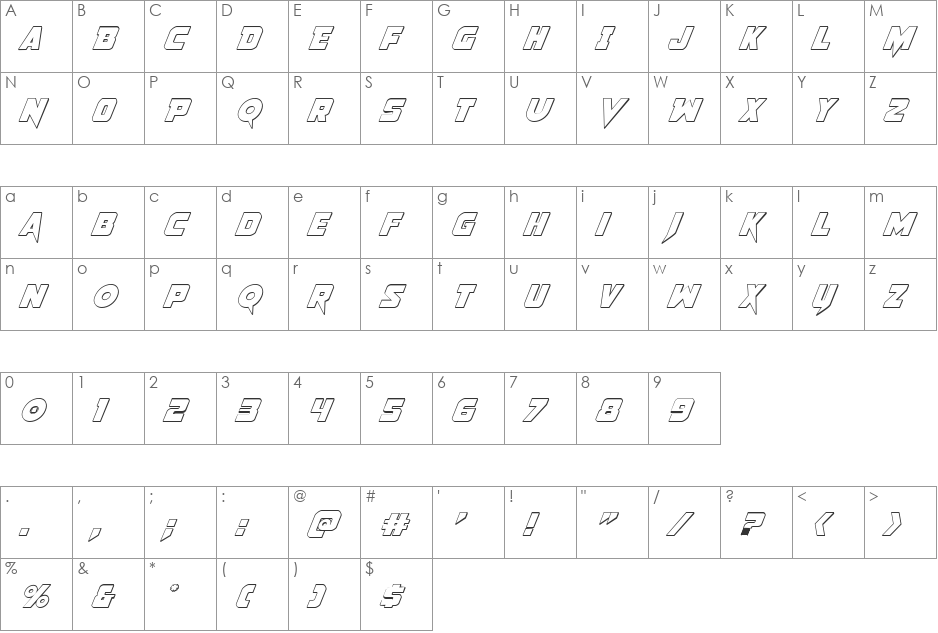 Pistoleer 3D Italic font character map preview