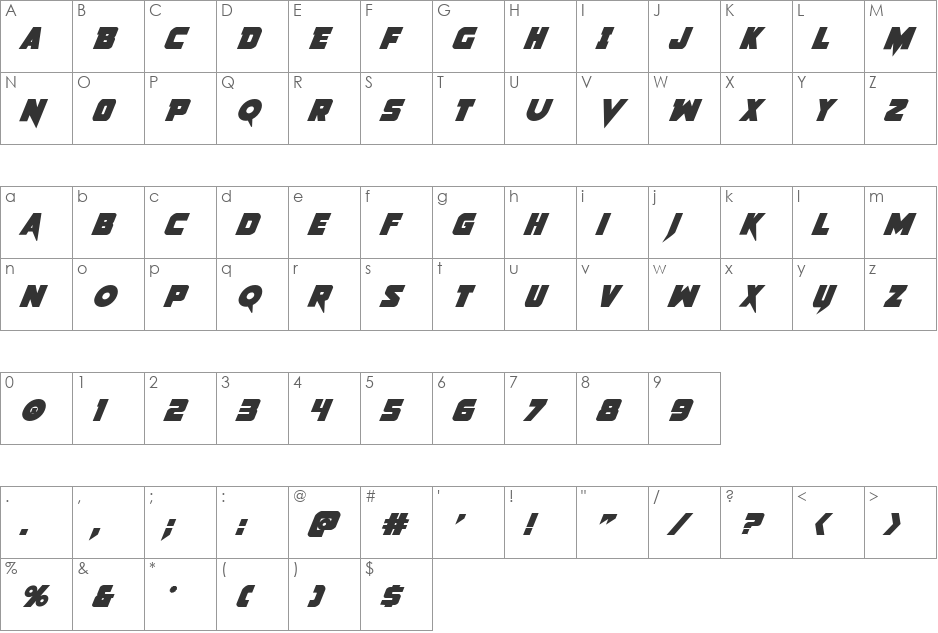 Pistoleer Bold Italic font character map preview