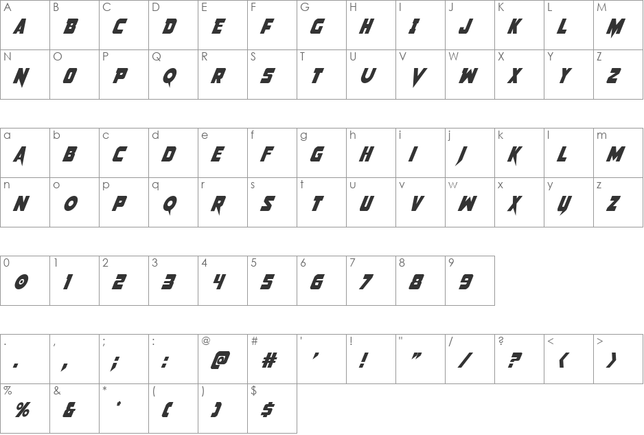 Pistoleer Condensed Italic font character map preview