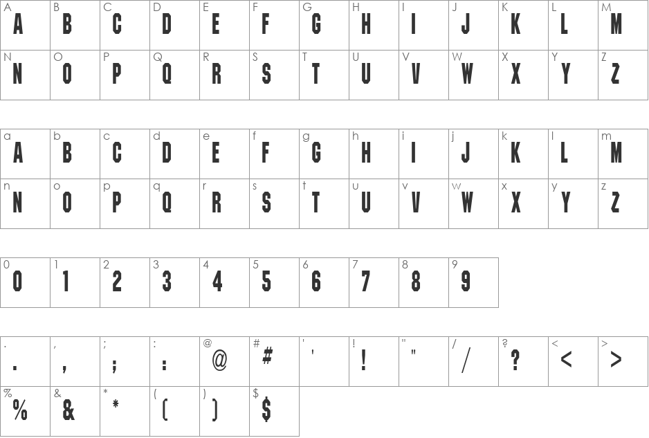 PittsburghCondensed font character map preview