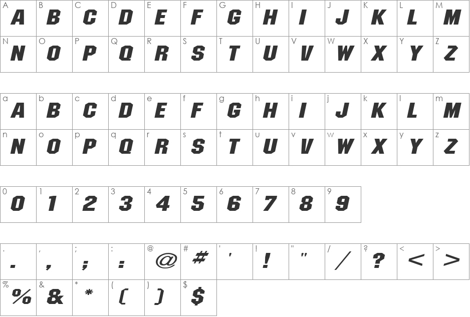 PittsburghExtended font character map preview