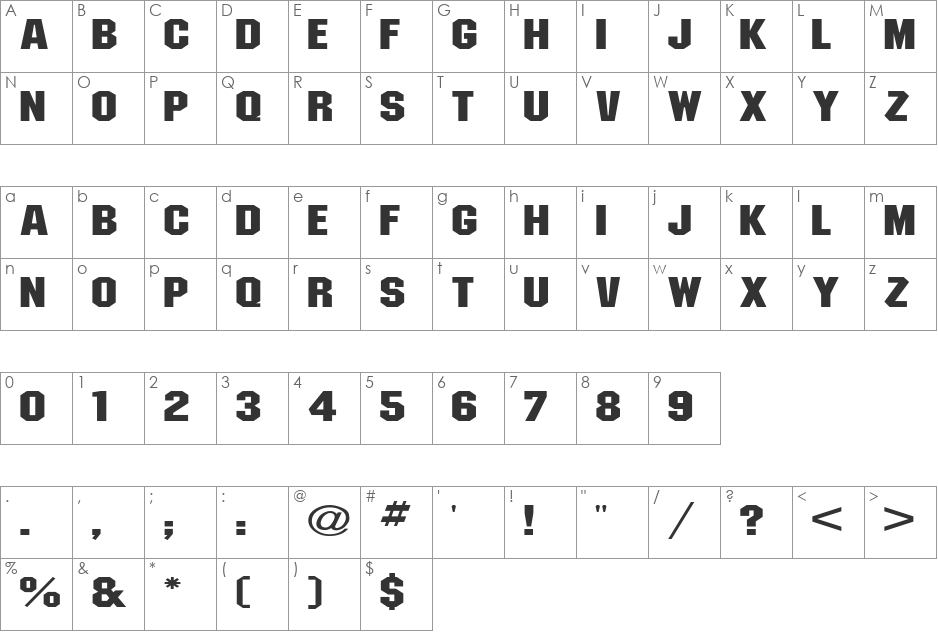 PittsburghExtended font character map preview