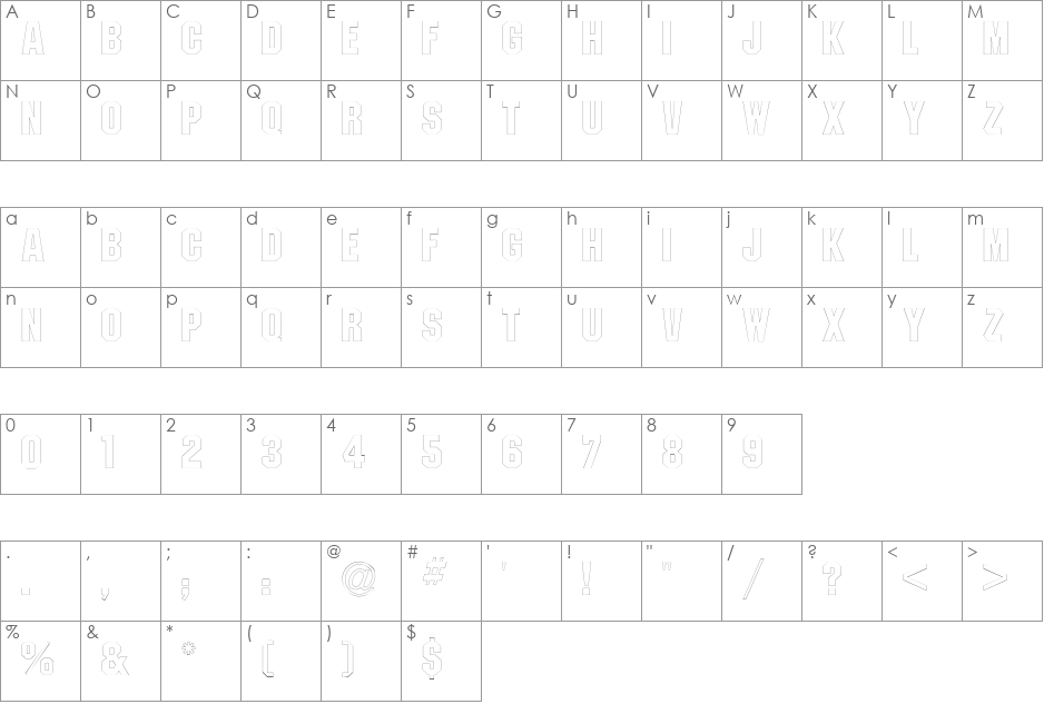 PittsburghOutline font character map preview