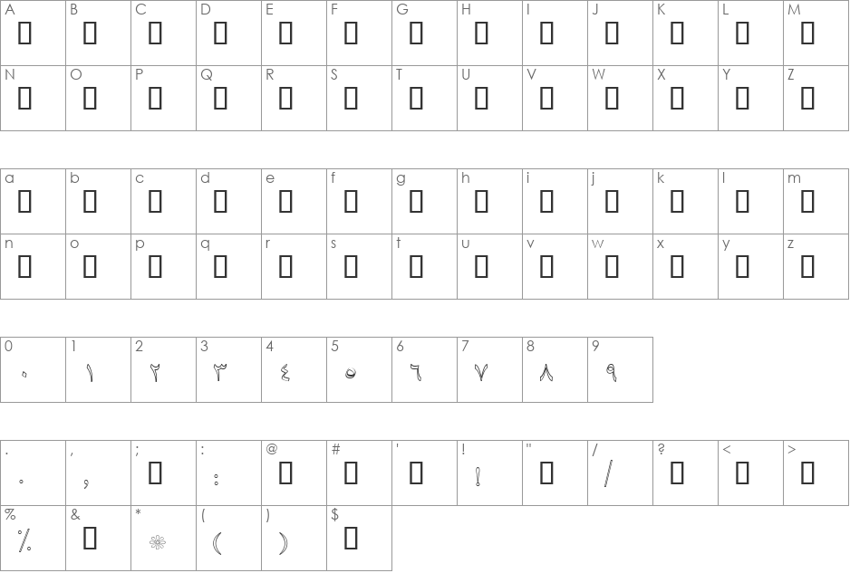 B Baran Outline font character map preview