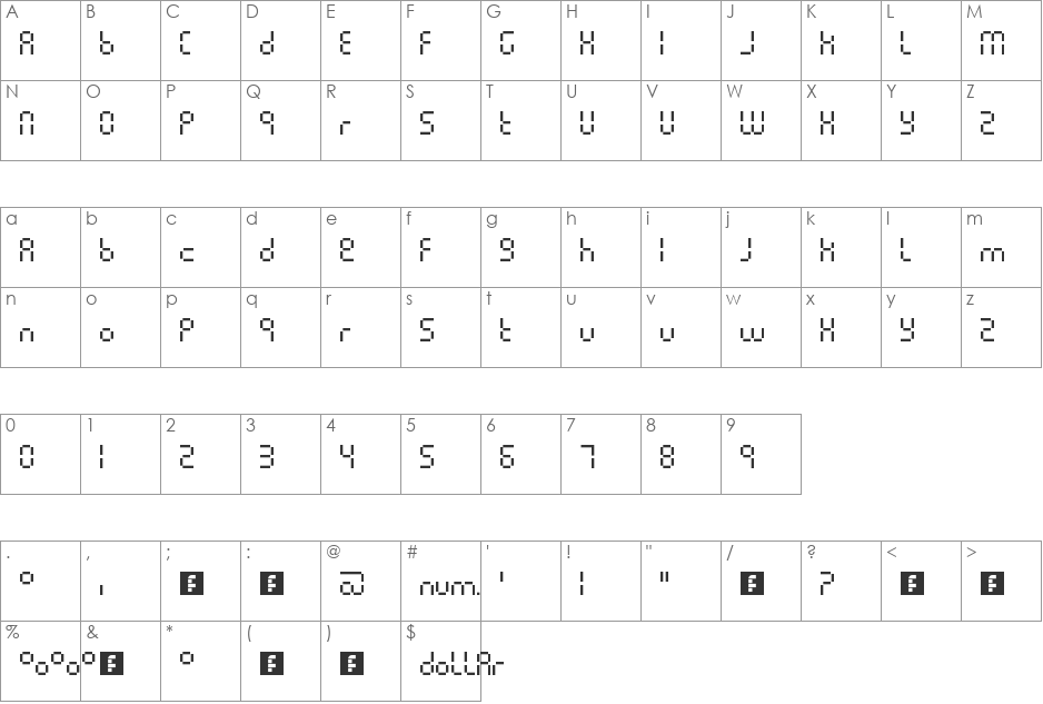 Pixel lcd machine font character map preview