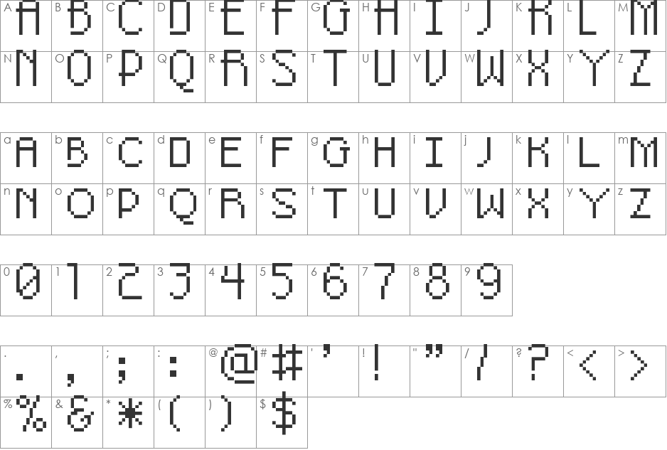 Pixel-Noir Skinny Caps font character map preview