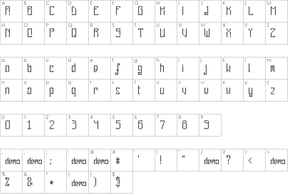 pixelanky CE DEMO font character map preview