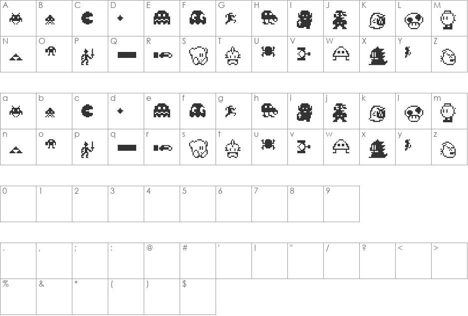PixelCharas font character map preview