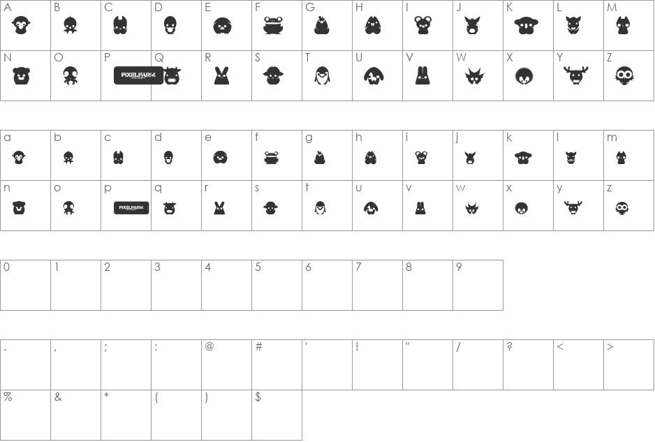 Pixelfarm Pets (united) font character map preview