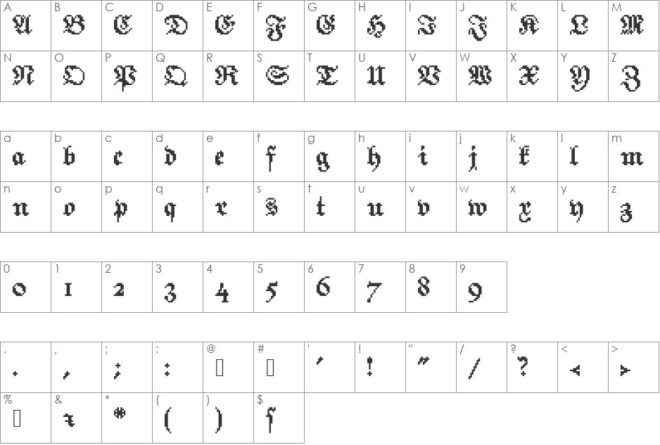 PixelFraktur font character map preview