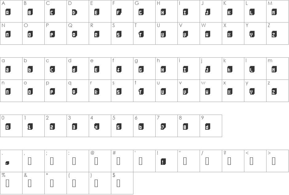 Pixeliza20 font character map preview