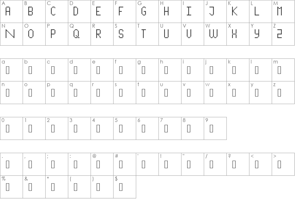PixellettersFull font character map preview