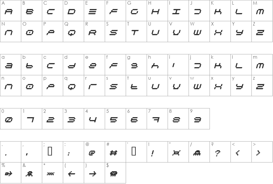 PixelpackItalic font character map preview