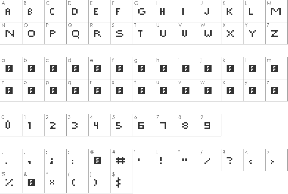 Pixeltorian font character map preview