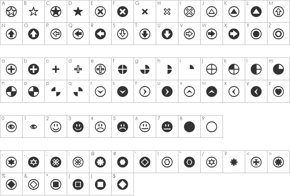 PizzaDude Bullets font character map preview