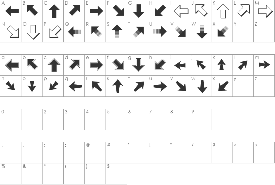 PizzaDude Pointers font character map preview