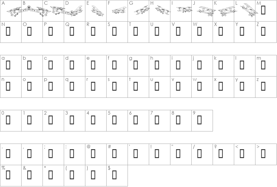 Planes font character map preview