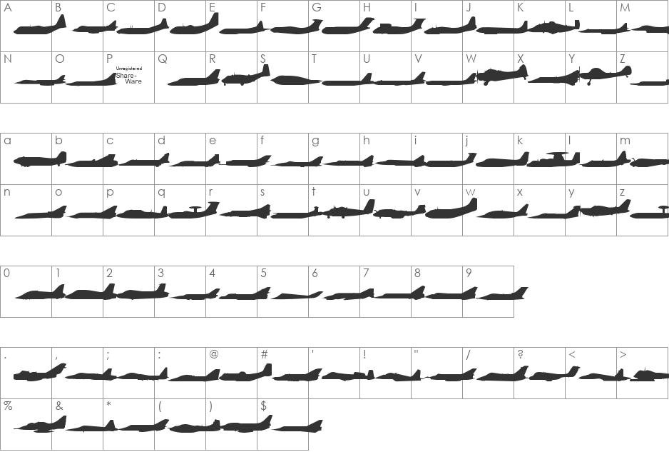 Planes-S-Modern font character map preview