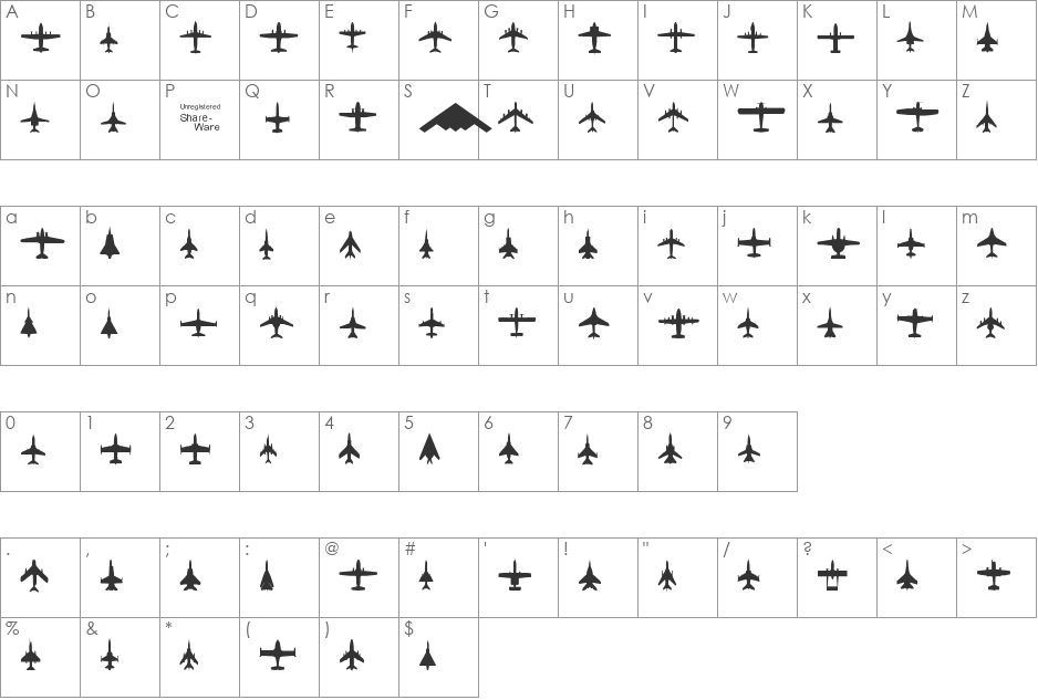 PlanesTModern font character map preview