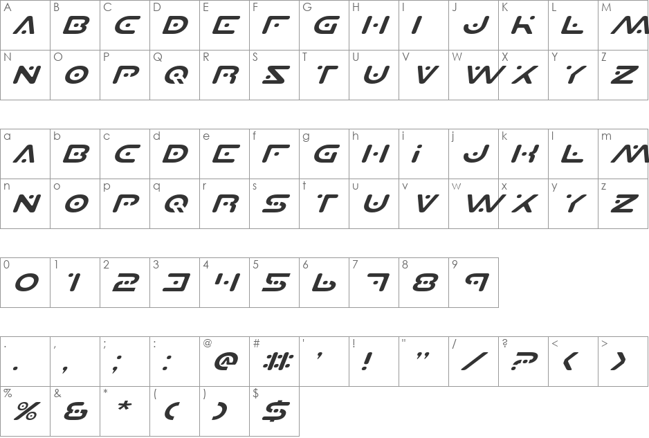 Planet S Expanded Italic font character map preview