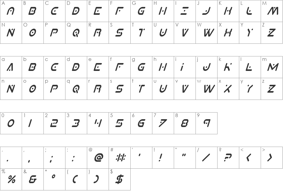 Planet X Condensed Italic font character map preview