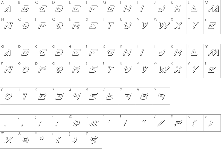 Planet X Shadow Italic font character map preview