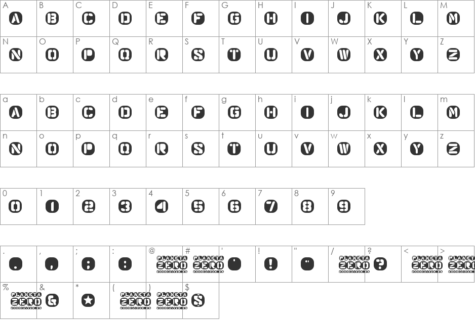 Planeta Zero font character map preview