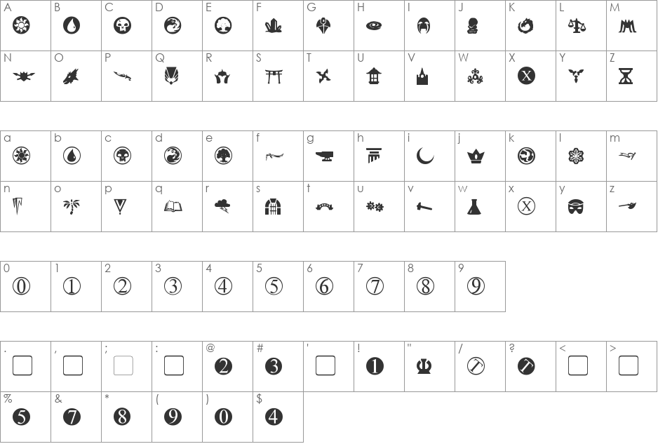 Planewalker Dings font character map preview