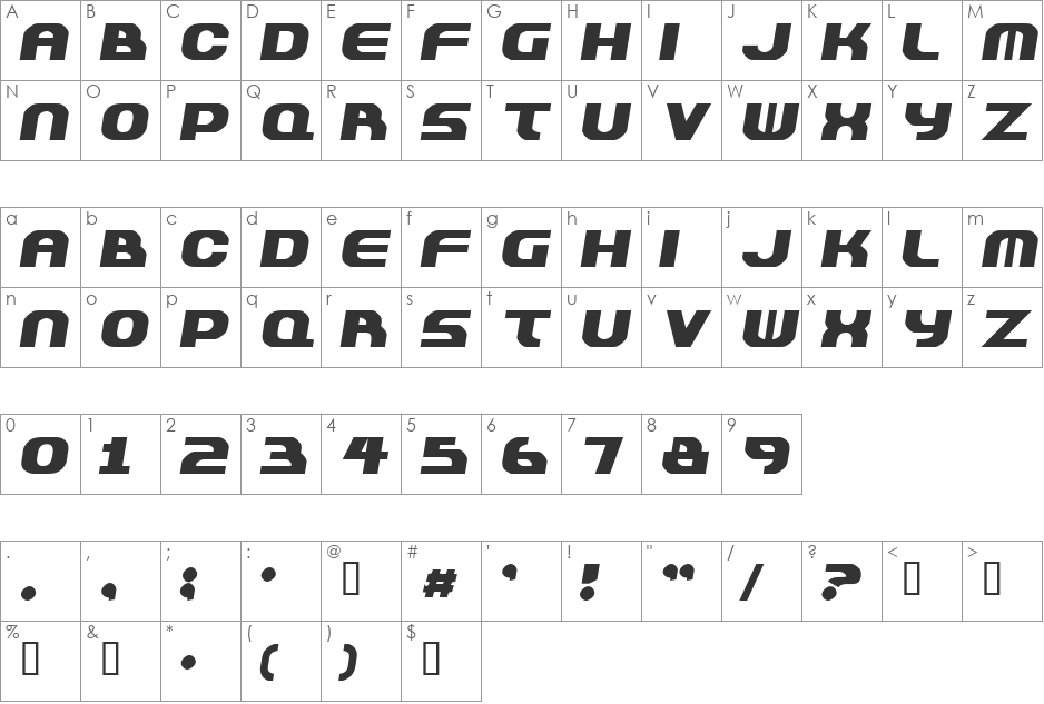 Plastique font character map preview
