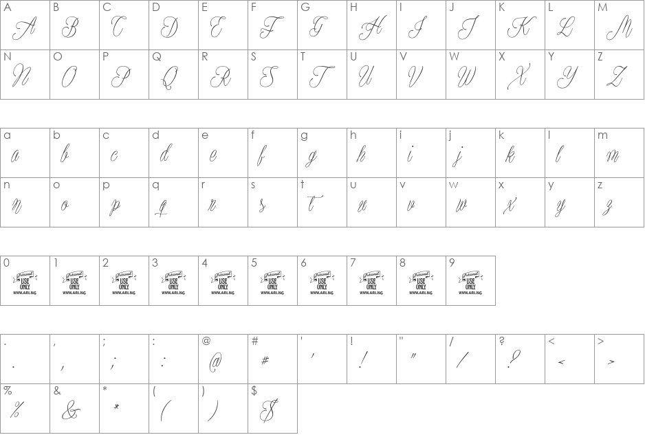 Plates Napery Personal Use font character map preview