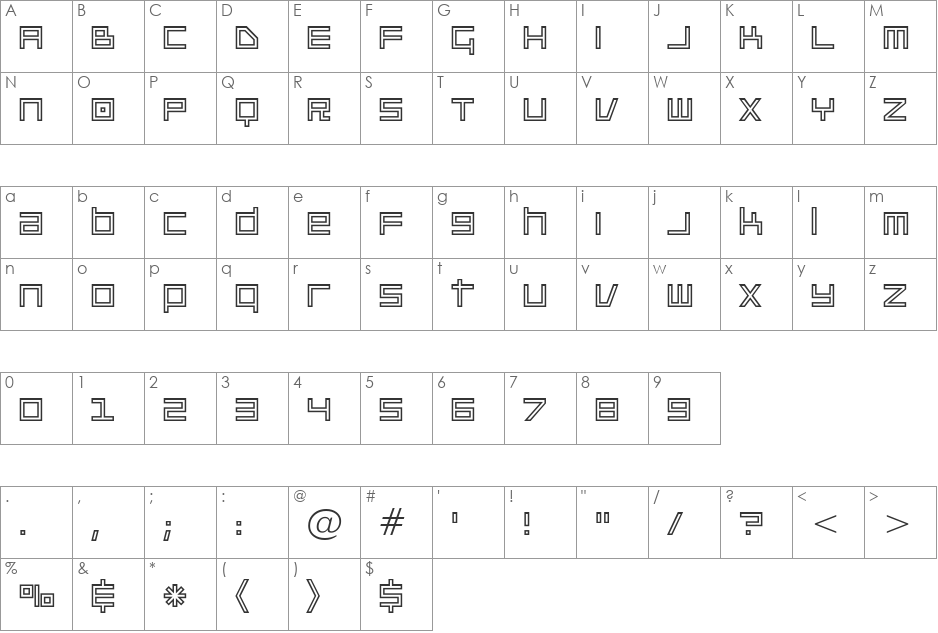 Platinum Beat BTN Outline font character map preview