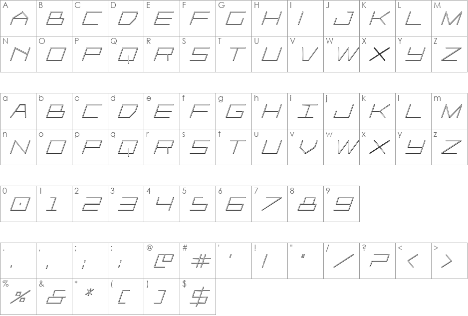Player 1 Up 3D Italic font character map preview