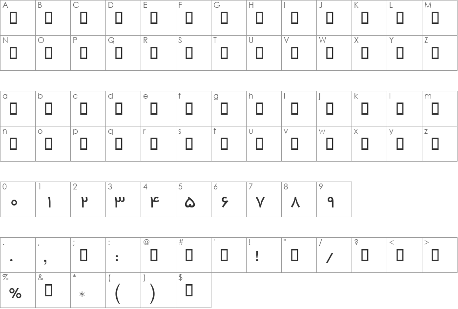 B Yekan font character map preview
