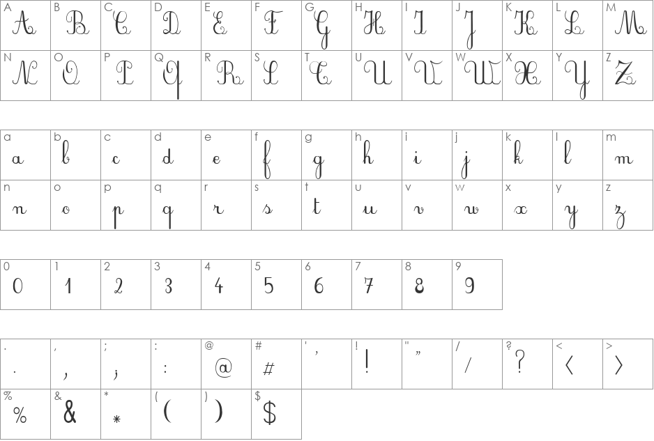 Plum Script font character map preview