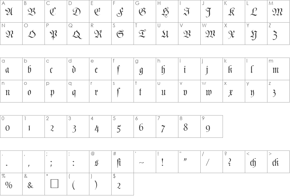 PoemFraktur DB font character map preview