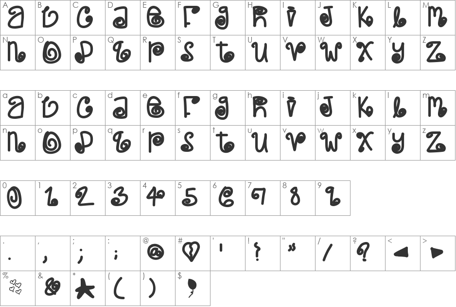 PoeticJustice font character map preview