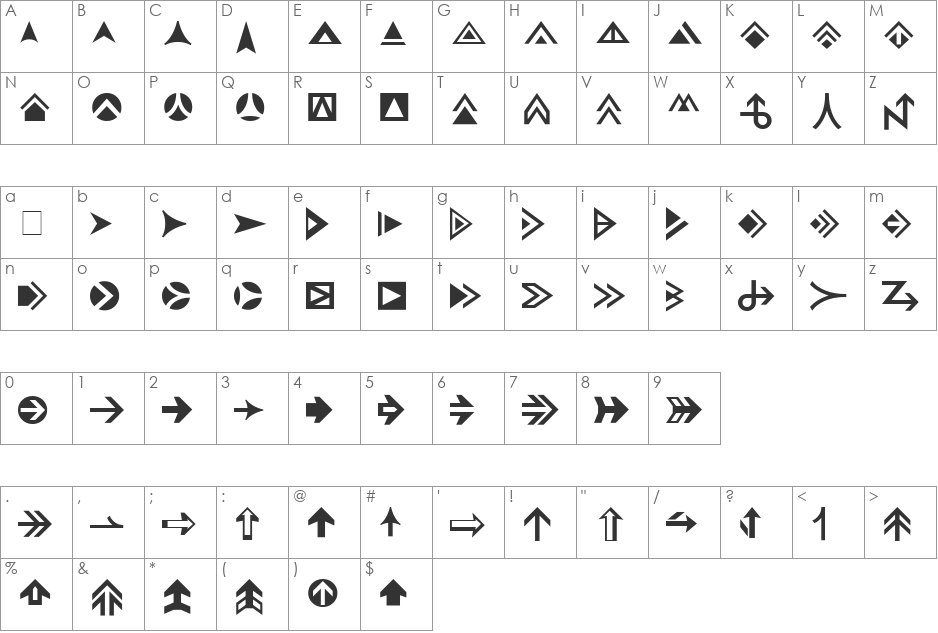Pointers font character map preview