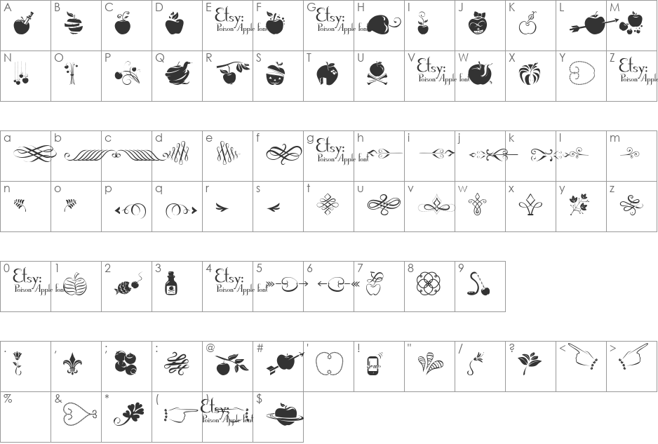 Poison Apple Ornaments 1 font character map preview