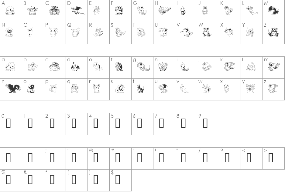 Pokemon Kiddy Ding font character map preview