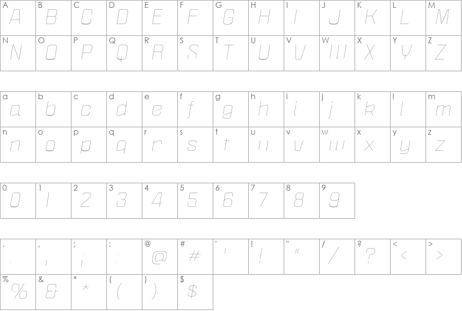 Politica XT Thin font character map preview