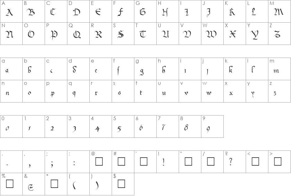Pompadour font character map preview