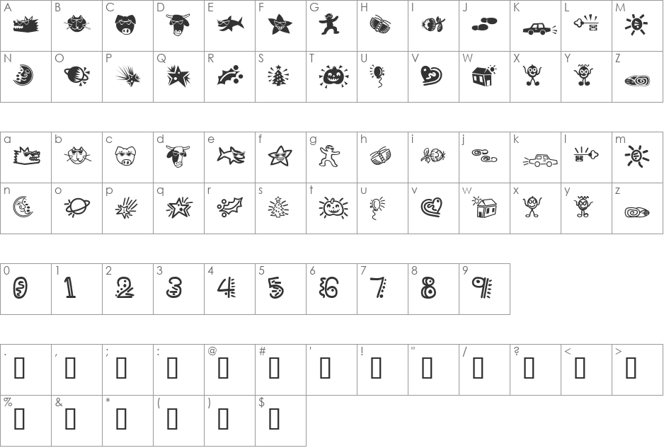 PopticsThreeExtras font character map preview