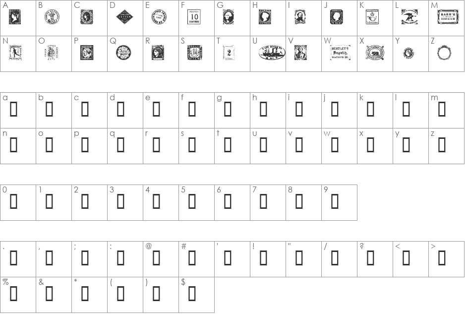 POSTAGE STAMPS font character map preview