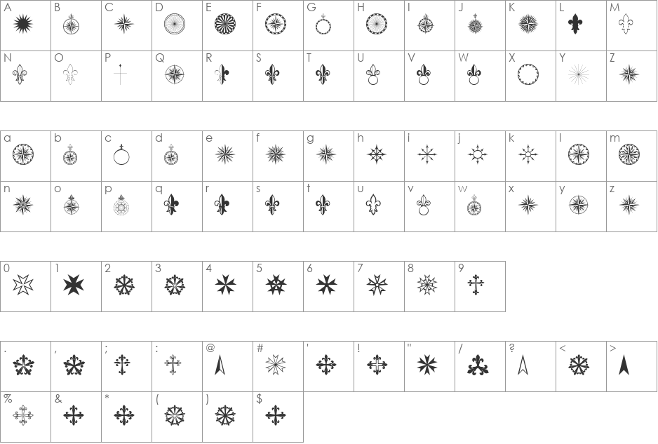 PR Compass Rose font character map preview