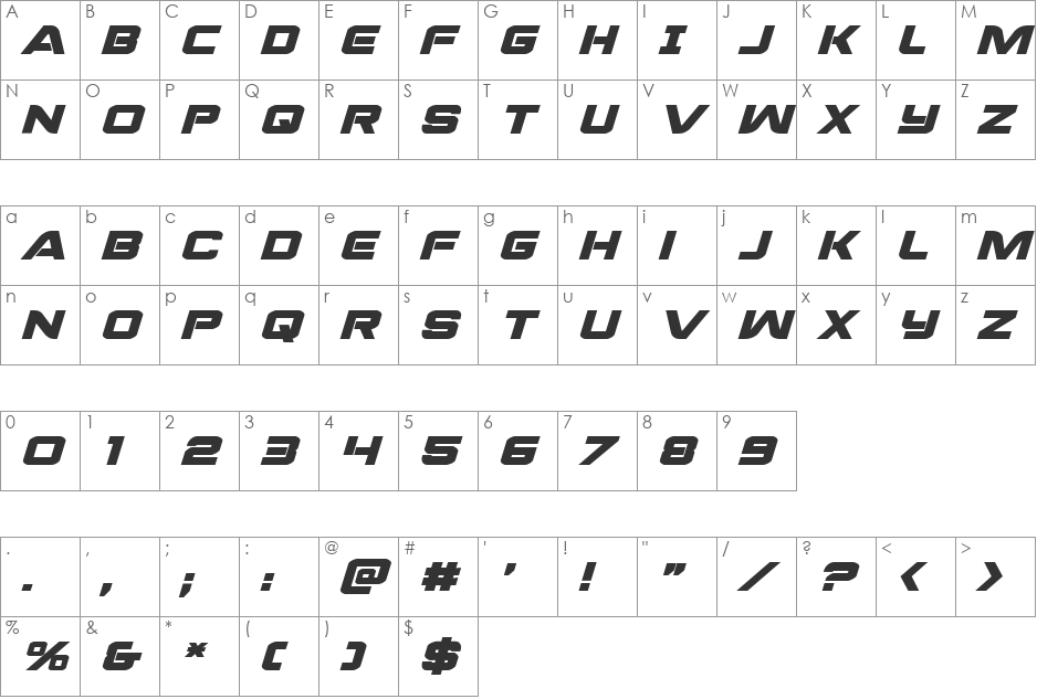 Praetorian Bold Expanded Italic font character map preview
