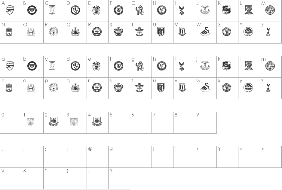 Premier League font character map preview